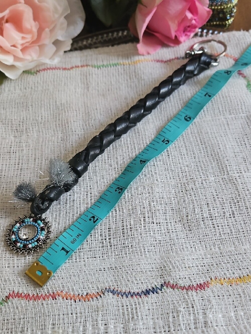 Hand Crafted Braided Genuine Black Leather KeychainTurquoise Sun Gifted - Picture 9 of 11